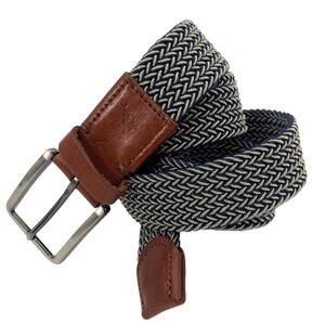 Tommy Bahama Stretch Weave Men’s Belt Sz S/M Blue Cream Leather Trim Preppy